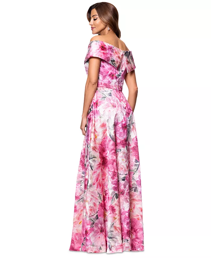 XSCAPE Women's Printed Off-The-Shoulder Gown Women's Fashion Shoes & Accessories