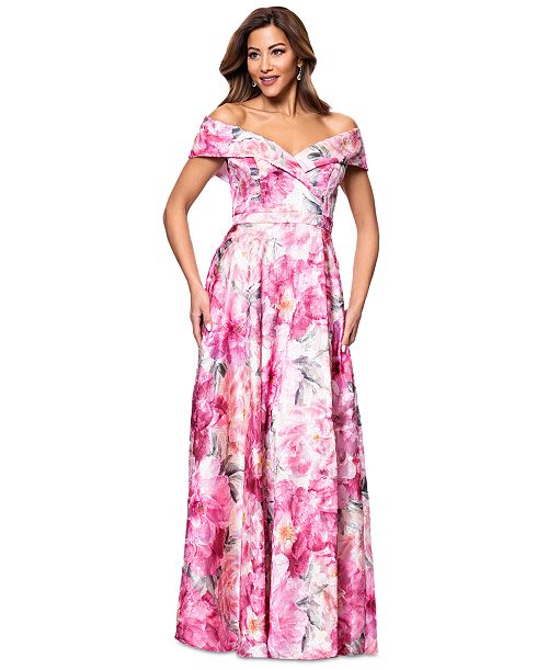 XSCAPE Women's Printed Off-The-Shoulder Gown Women's Fashion Shoes & Accessories