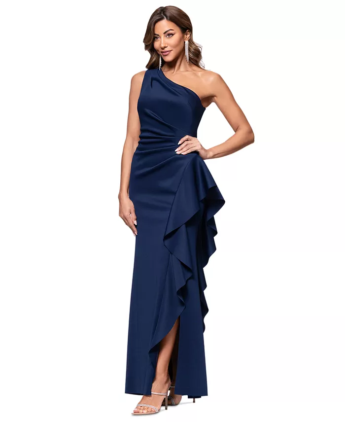 XSCAPE Women's Ruffled One-Shoulder Scuba Gown Women's Fashion Shoes & Accessories