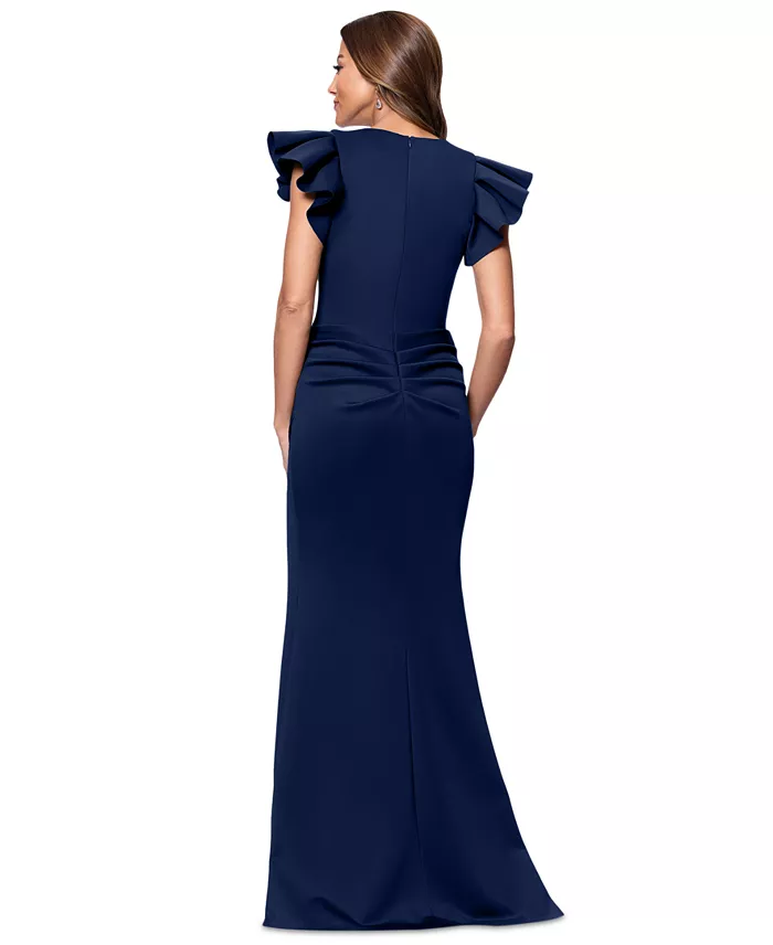 XSCAPE Women's V-Neck Ruffle-Sleeve Scuba Gown Women's Fashion Shoes & Accessories
